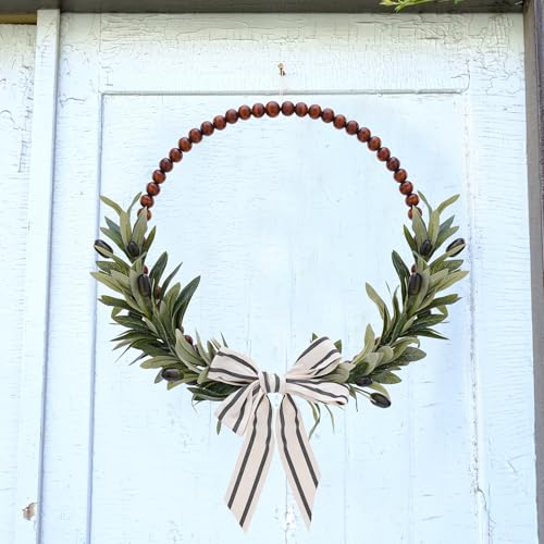 KorViSHOW Wood Bead Olive Leaves Wreaths 13 Inch Artificial Greenery Leaf Wreaths Farmhouse Rustic Boho Wall Hanging Decor for All Seasons for Natural Home Indoor Outdoor Bedroom Decoration - Image 3