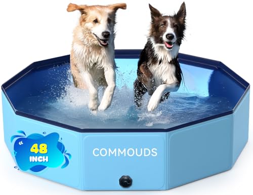 COMMOUDS Foldable Dog Pool Collapsible Hard Plastic Dog Kiddie Swimming Pool Portable Pet Bath Tub Wading Pools for Kids and Puppy Small Medium Large Dogs 48inchD x 12inchH - Image 1