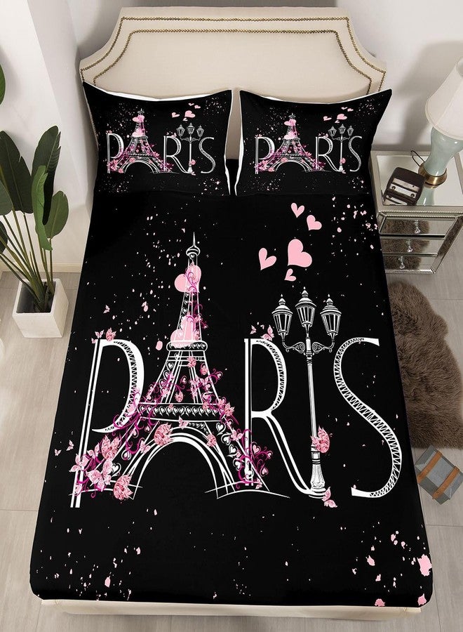 Feelyou Eiffel Tower Fitted Sheet Chic Paris Bedding Set Romantic Theme Bed Sheet Set for Boys Girls Kids Teens Black Pink Bedroom Decor Modern French Style Bed Cover Bedding Sheet Queen Size 4Pcs - Image 2