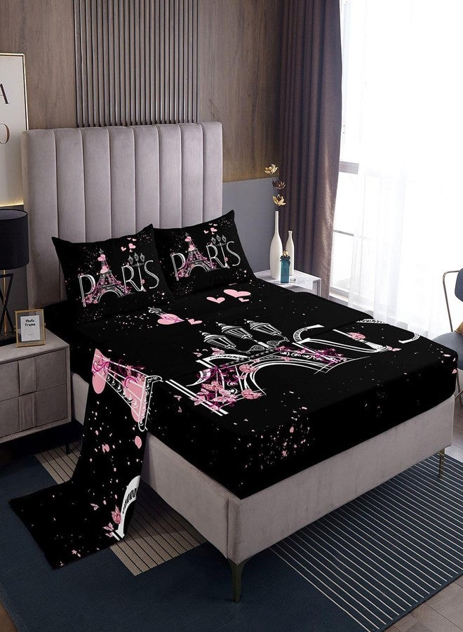 Feelyou Eiffel Tower Fitted Sheet Chic Paris Bedding Set Romantic Theme Bed Sheet Set for Boys Girls Kids Teens Black Pink Bedroom Decor Modern French Style Bed Cover Bedding Sheet Queen Size 4Pcs - Image 1
