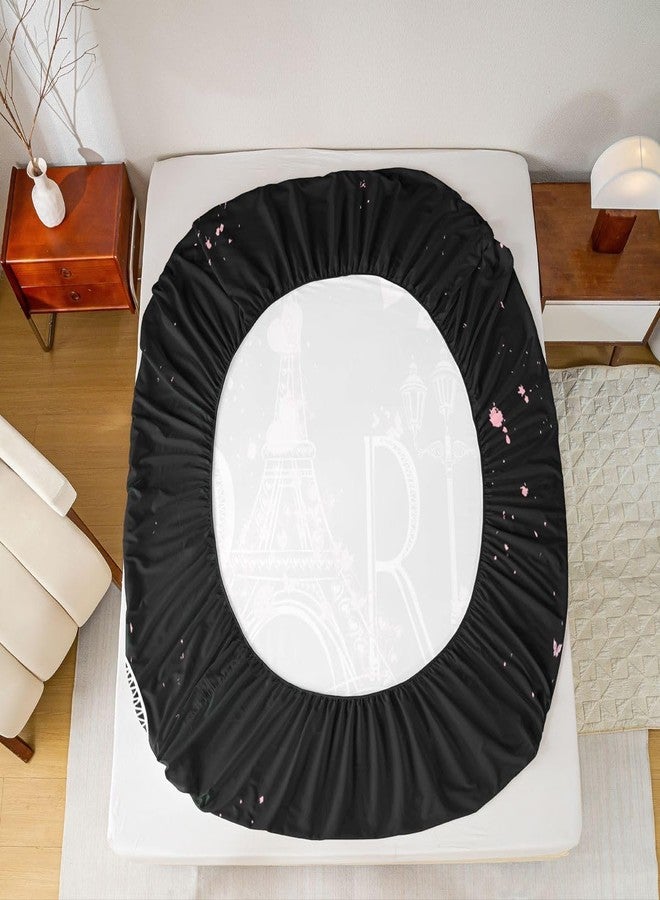 Feelyou Eiffel Tower Fitted Sheet Chic Paris Bedding Set Romantic Theme Bed Sheet Set for Boys Girls Kids Teens Black Pink Bedroom Decor Modern French Style Bed Cover Bedding Sheet Queen Size 4Pcs - Image 3