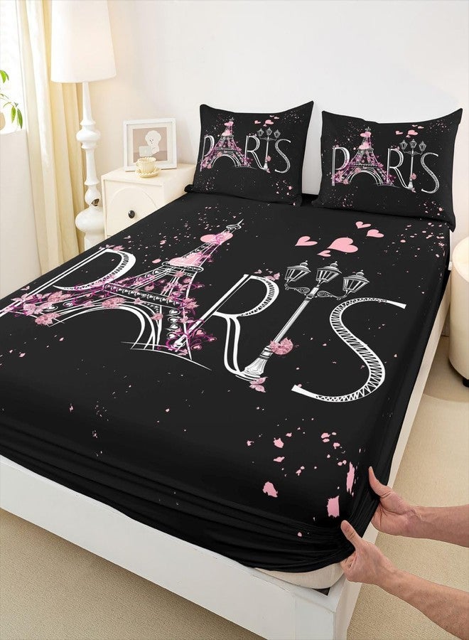 Feelyou Eiffel Tower Fitted Sheet Chic Paris Bedding Set Romantic Theme Bed Sheet Set for Boys Girls Kids Teens Black Pink Bedroom Decor Modern French Style Bed Cover Bedding Sheet Queen Size 4Pcs - Image 4