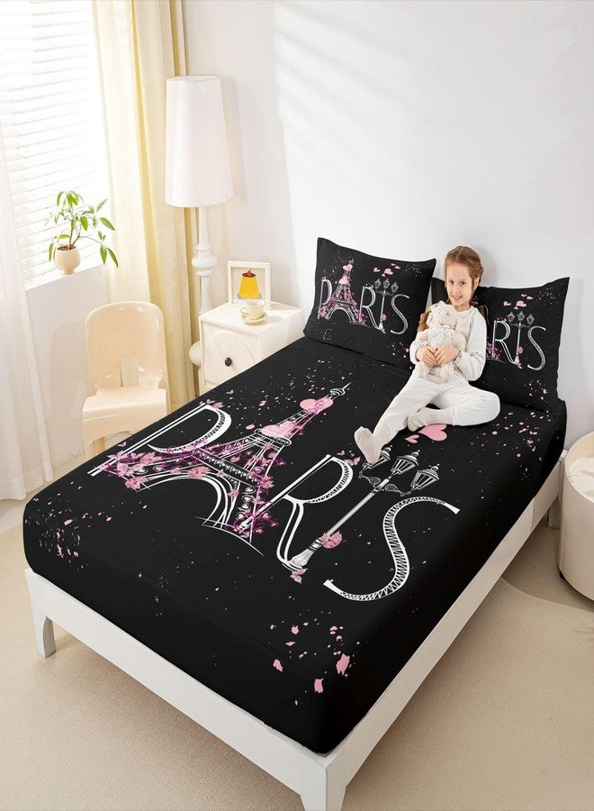 Feelyou Eiffel Tower Fitted Sheet Chic Paris Bedding Set Romantic Theme Bed Sheet Set for Boys Girls Kids Teens Black Pink Bedroom Decor Modern French Style Bed Cover Bedding Sheet Queen Size 4Pcs - Image 5