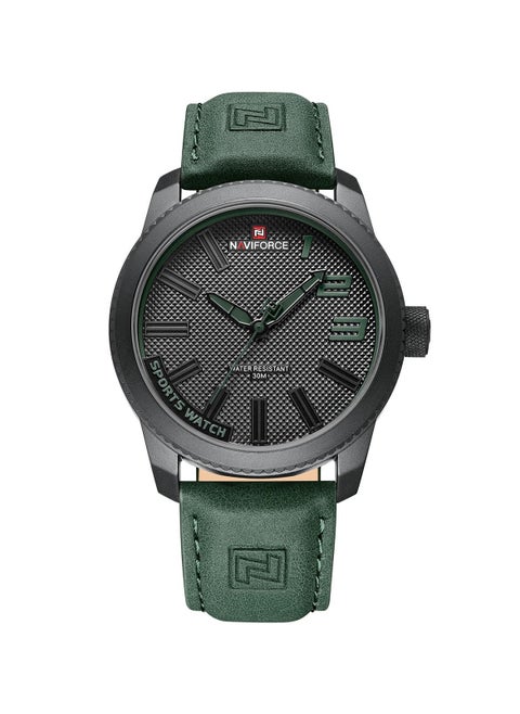 Stylish Mens Sports Watch with Black Dial Green Leather Strap Quartz Movement Analog Display Water Resistant 30M Durable and Modern Design