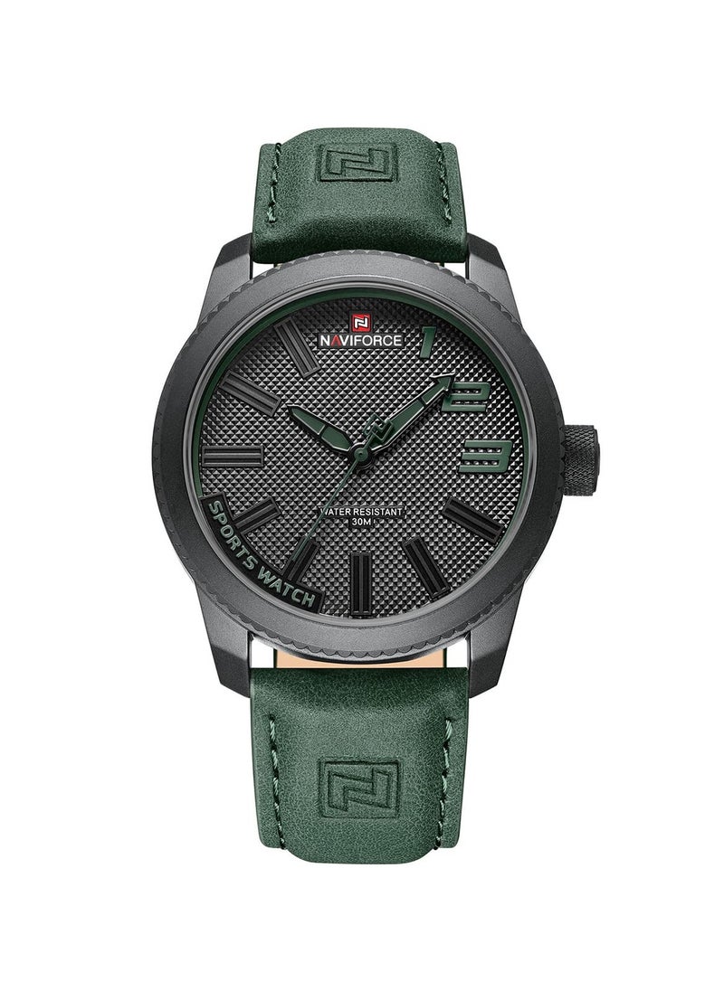 Stylish Mens Sports Watch with Black Dial Green Leather Strap Quartz Movement Analog Display Water Resistant 30M Durable and Modern Design