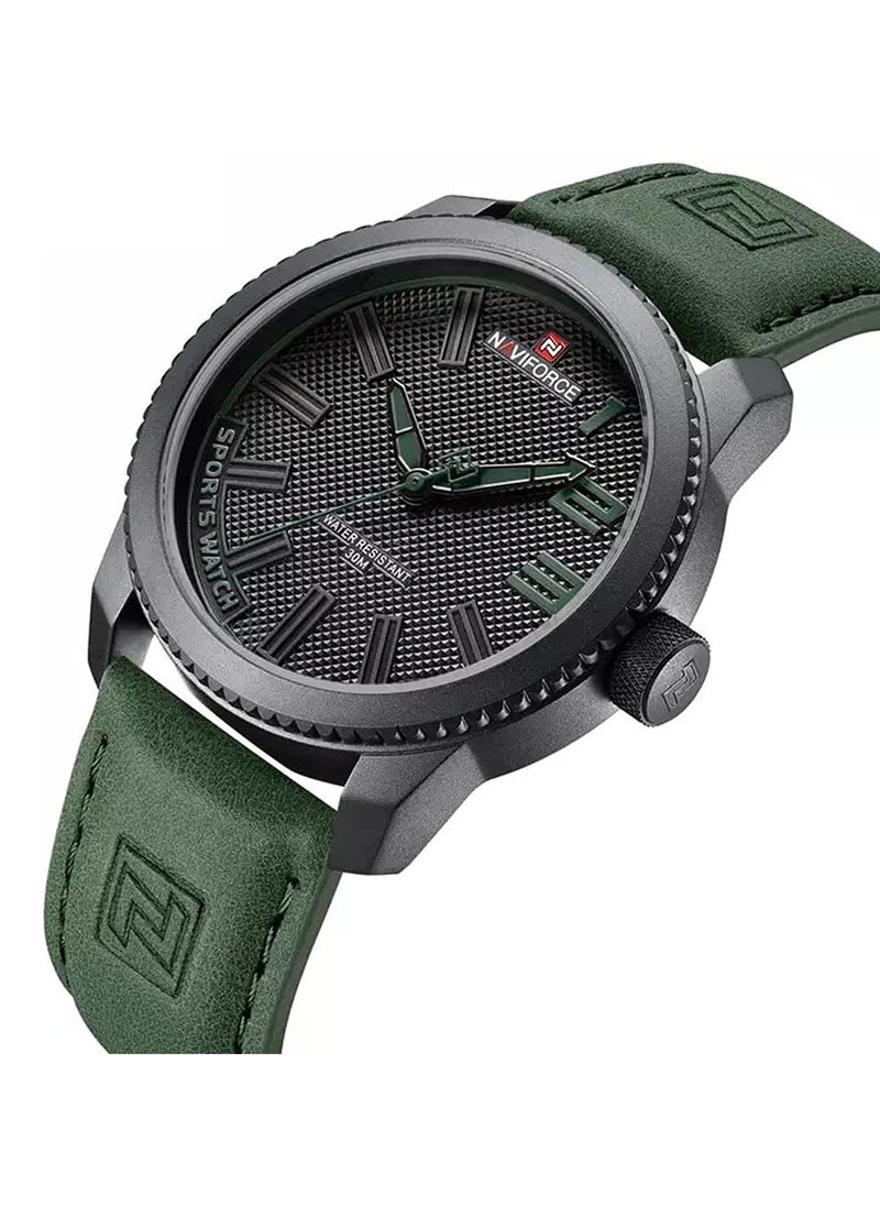 Stylish Mens Sports Watch with Black Dial Green Leather Strap Quartz Movement Analog Display Water Resistant 30M Durable and Modern Design
