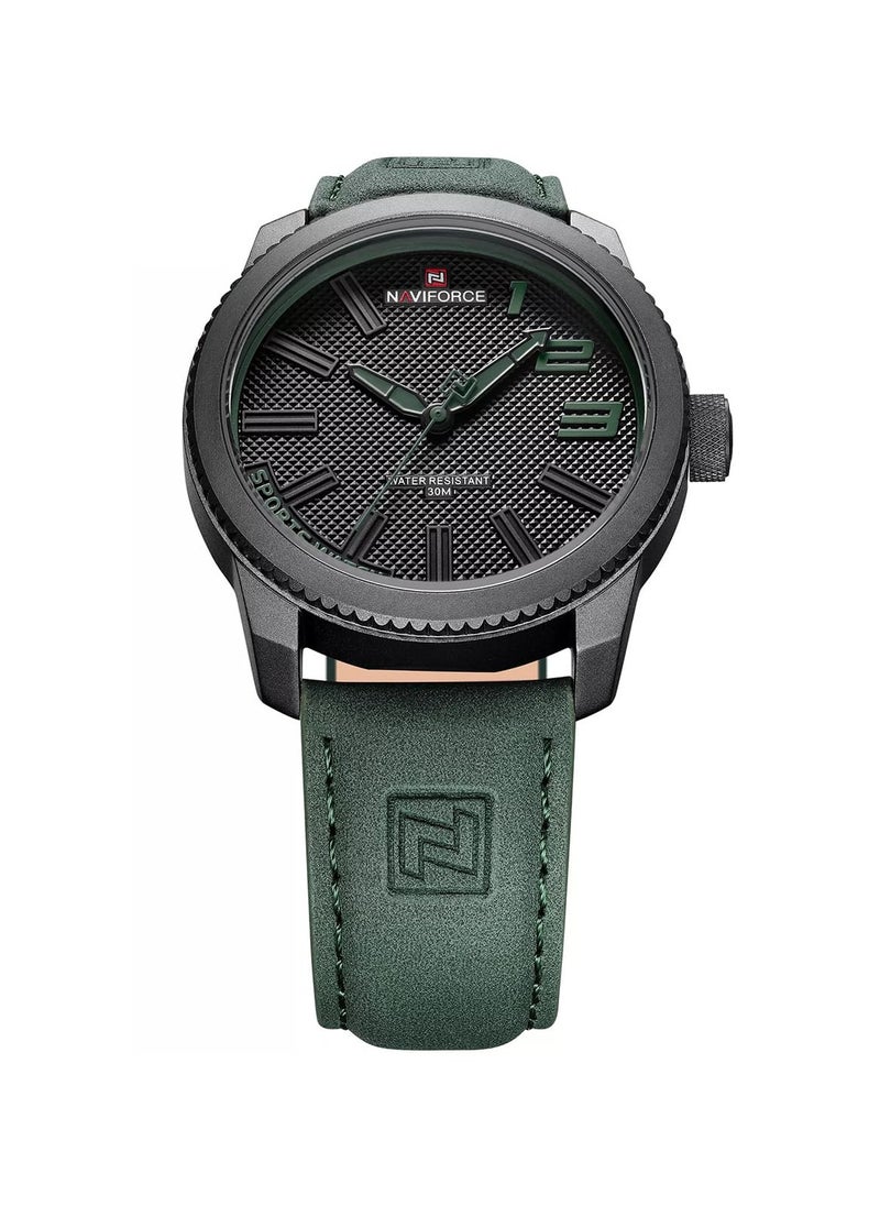 Stylish Mens Sports Watch with Black Dial Green Leather Strap Quartz Movement Analog Display Water Resistant 30M Durable and Modern Design