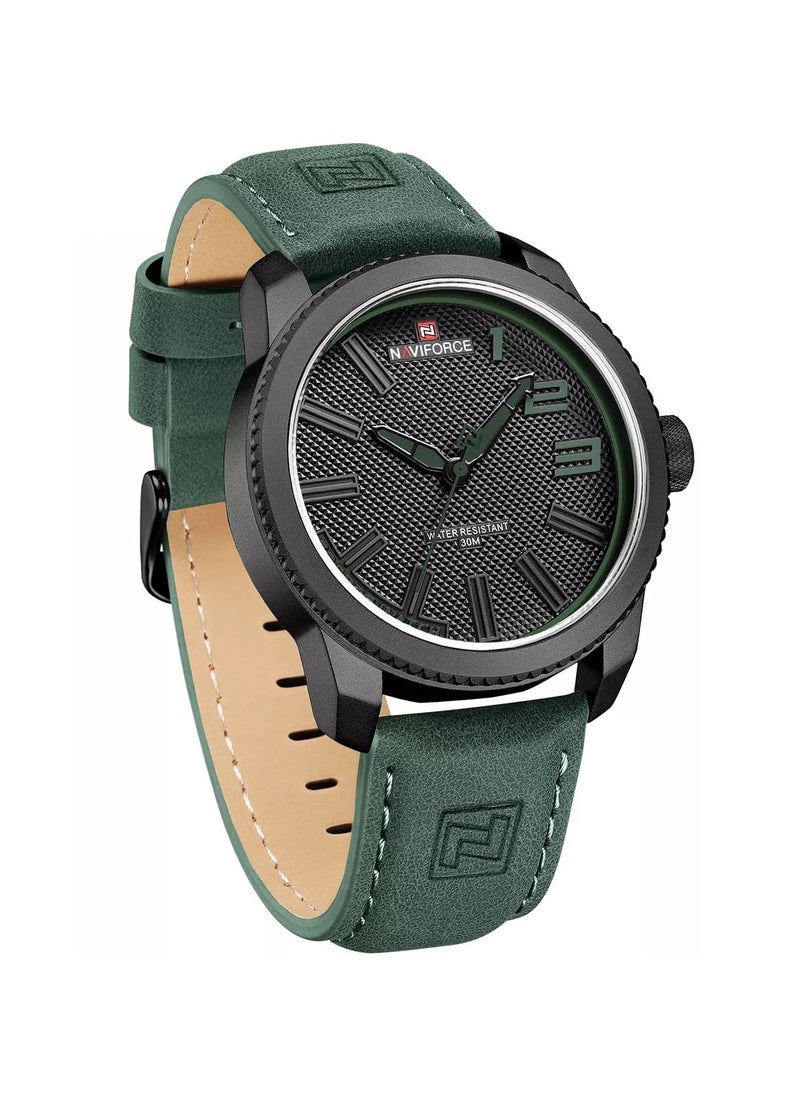 Stylish Mens Sports Watch with Black Dial Green Leather Strap Quartz Movement Analog Display Water Resistant 30M Durable and Modern Design