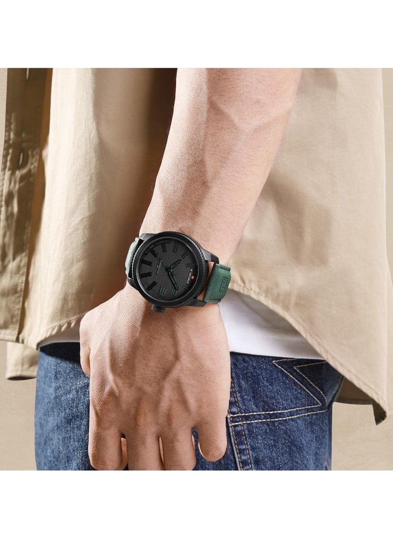 Stylish Mens Sports Watch with Black Dial Green Leather Strap Quartz Movement Analog Display Water Resistant 30M Durable and Modern Design