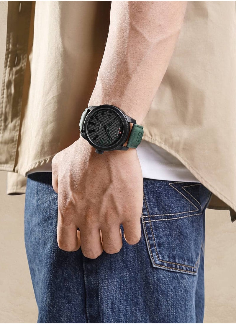 Stylish Mens Sports Watch with Black Dial Green Leather Strap Quartz Movement Analog Display Water Resistant 30M Durable and Modern Design