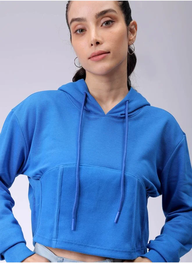 مرفوعة Women Flared Blue Solid Hooded Neck Long Sleeve Sweatshirt