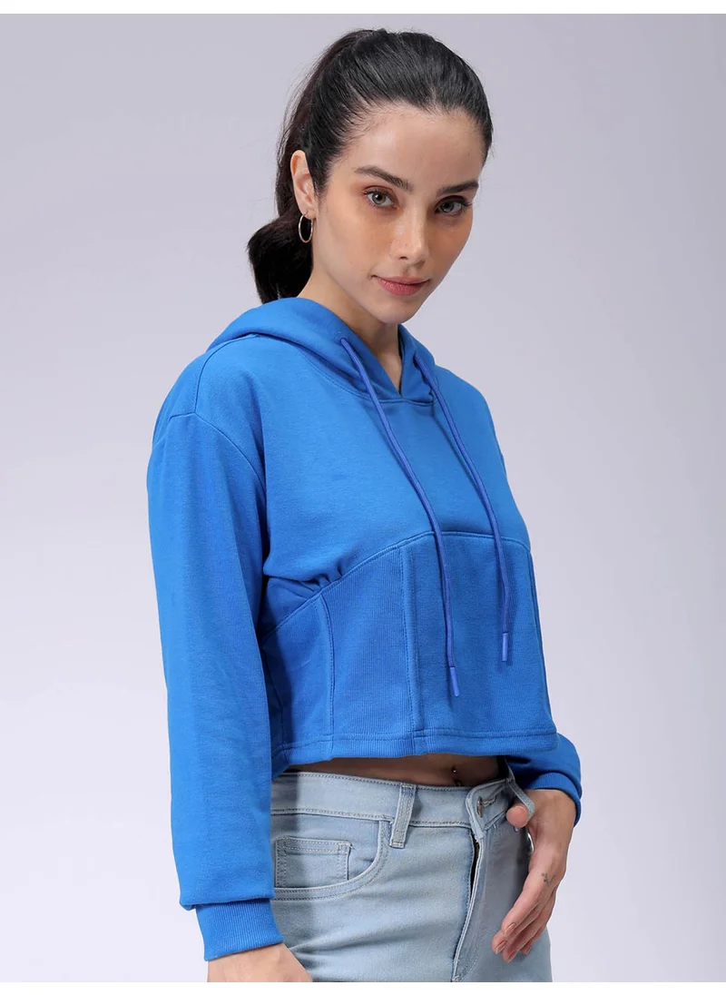 مرفوعة Women Flared Blue Solid Hooded Neck Long Sleeve Sweatshirt