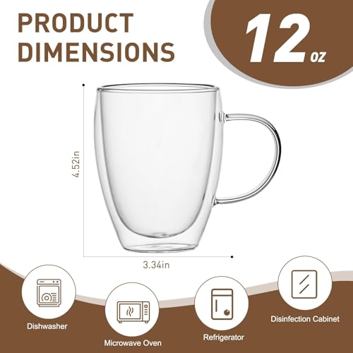 Wells 4-Pack 12 Oz Double Walled Glass Coffee Mugs with Handle, Insulated Layer Coffee Cups, Clear Borosilicate Glass Mugs, Gift for Cappuccino,Tea,Latte,Espresso,Hot Beverage,Wine, Microwave Safe, Set of 4 - Image 2