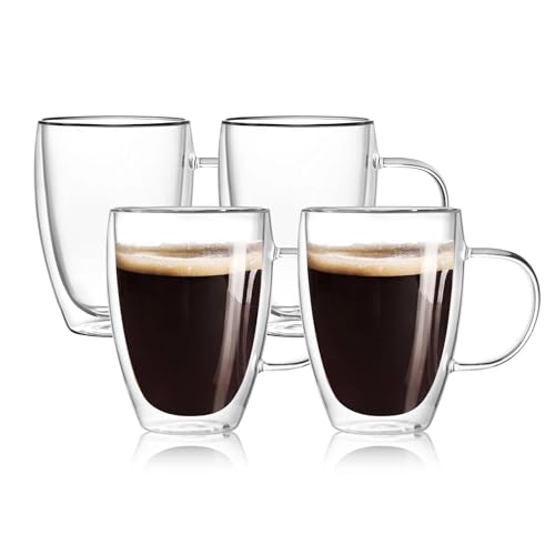 Wells 4-Pack 12 Oz Double Walled Glass Coffee Mugs with Handle, Insulated Layer Coffee Cups, Clear Borosilicate Glass Mugs, Gift for Cappuccino,Tea,Latte,Espresso,Hot Beverage,Wine, Microwave Safe, Set of 4 - Image 1
