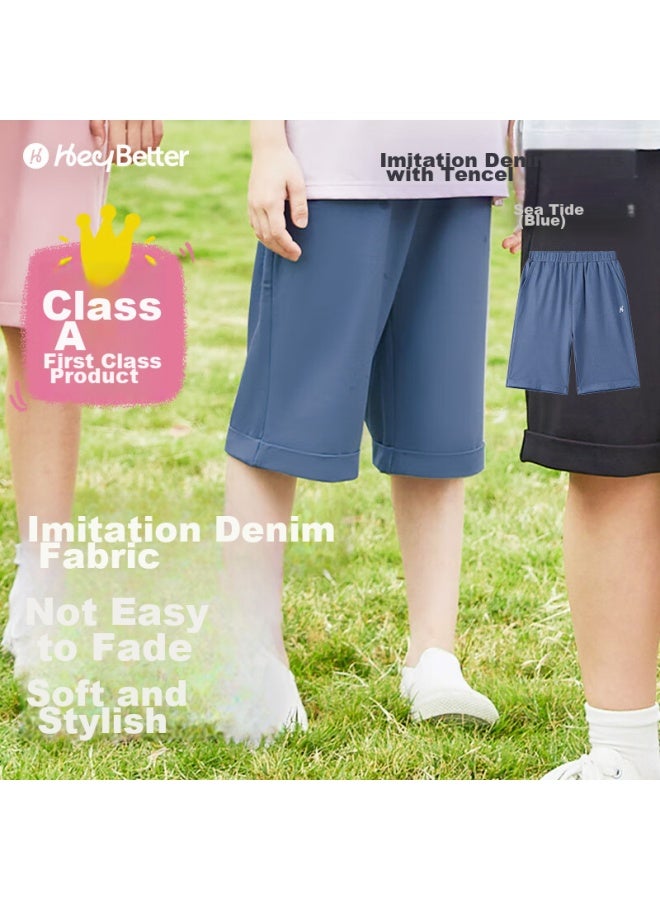 Heybetter Children's Denim-like Shorts, Moisture-wicking Quick-dry Soft Boys And Girls Sports Shorts, Sea Wave , 130 - Image 1