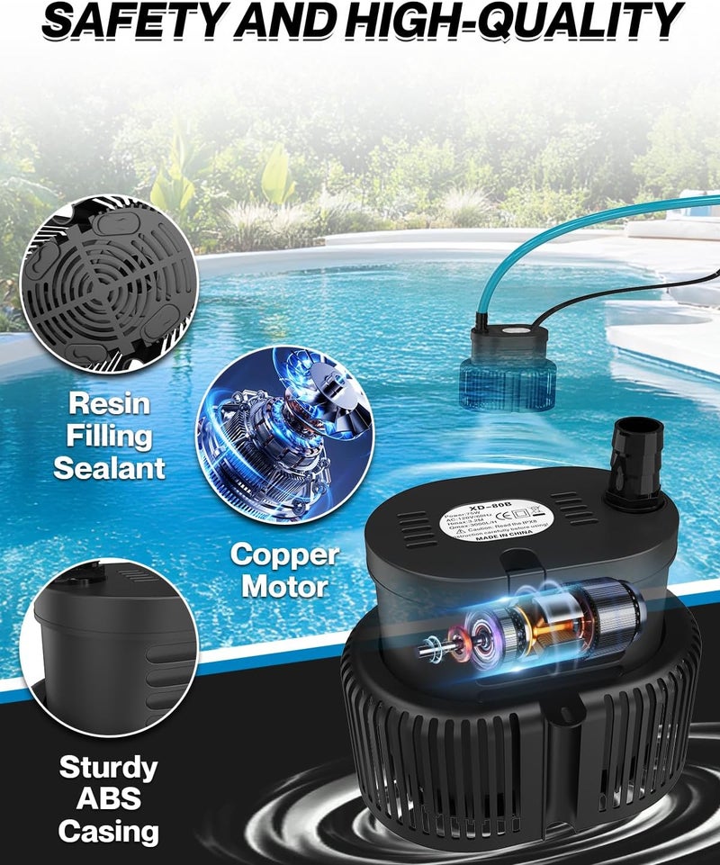 AgiiMan Pool Cover Pump Above Ground - Submersible Sump Pump, Swimming Water Removal Pumps, with Drainage Hose & 25 Feet Extra Long Power Cord, 850 GPH inGround, 3 Adapters Black - Image 3