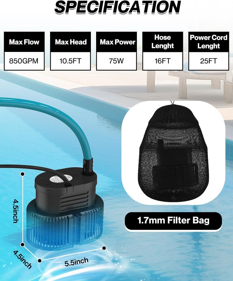 AgiiMan Pool Cover Pump Above Ground - Submersible Sump Pump, Swimming Water Removal Pumps, with Drainage Hose & 25 Feet Extra Long Power Cord, 850 GPH inGround, 3 Adapters Black - Image 5