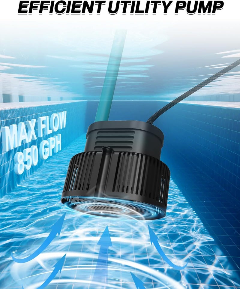 AgiiMan Pool Cover Pump Above Ground - Submersible Sump Pump, Swimming Water Removal Pumps, with Drainage Hose & 25 Feet Extra Long Power Cord, 850 GPH inGround, 3 Adapters Black - Image 2