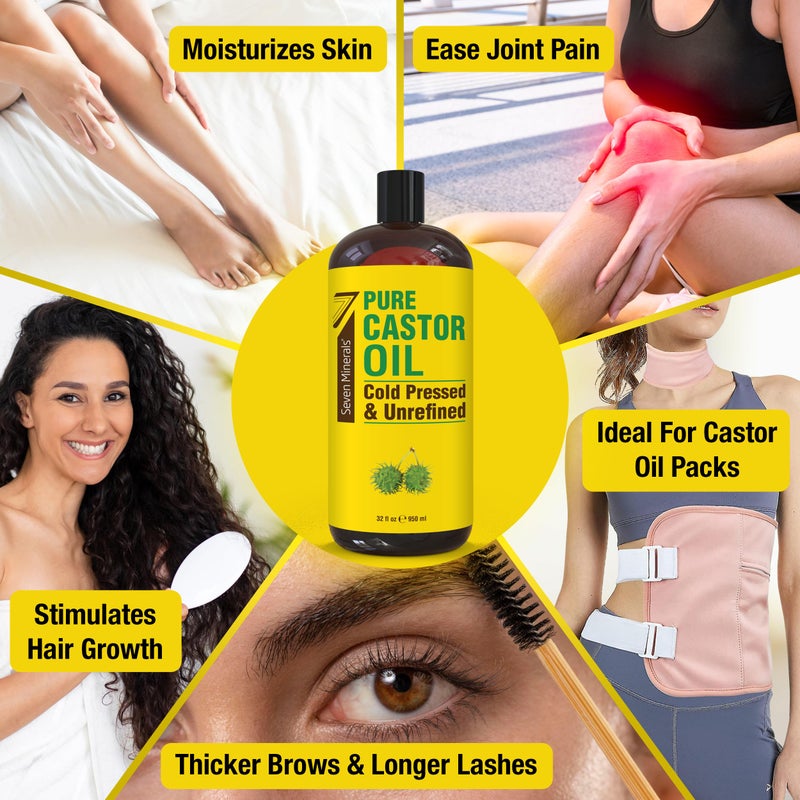 Seven Minerals Pure Cold Pressed Castor Oil - Big 32 fl oz Bottle - Unrefined & Hexane Free - 100% Pure Castor Oil for Hair Growth, Thicker Eyelashes & Eyebrows, Dry Skin, Healing, Hair Care, Joint and Muscle Pain - Image 1