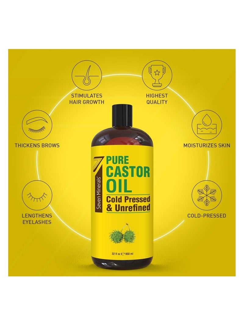 Seven Minerals - Pure Cold Pressed Castor Oil - Big 32 fl oz Bottle - Unrefined & Hexane Free - 100% Pure Castor Oil for Hair Growth, Thicker Eyelashes & Eyebrows, Dry Skin, Healing, Hair Care, Joint and Muscle Pain - Image 1