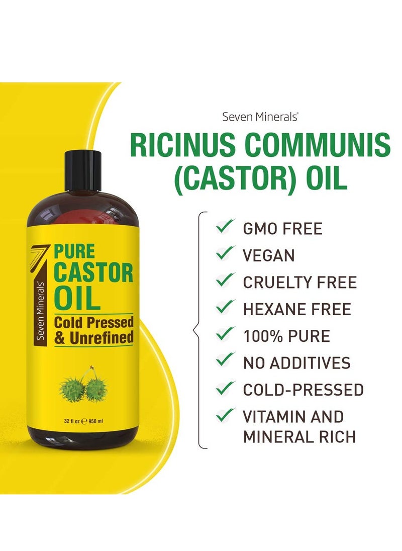Seven Minerals - Pure Cold Pressed Castor Oil - Big 32 fl oz Bottle - Unrefined & Hexane Free - 100% Pure Castor Oil for Hair Growth, Thicker Eyelashes & Eyebrows, Dry Skin, Healing, Hair Care, Joint and Muscle Pain - Image 1