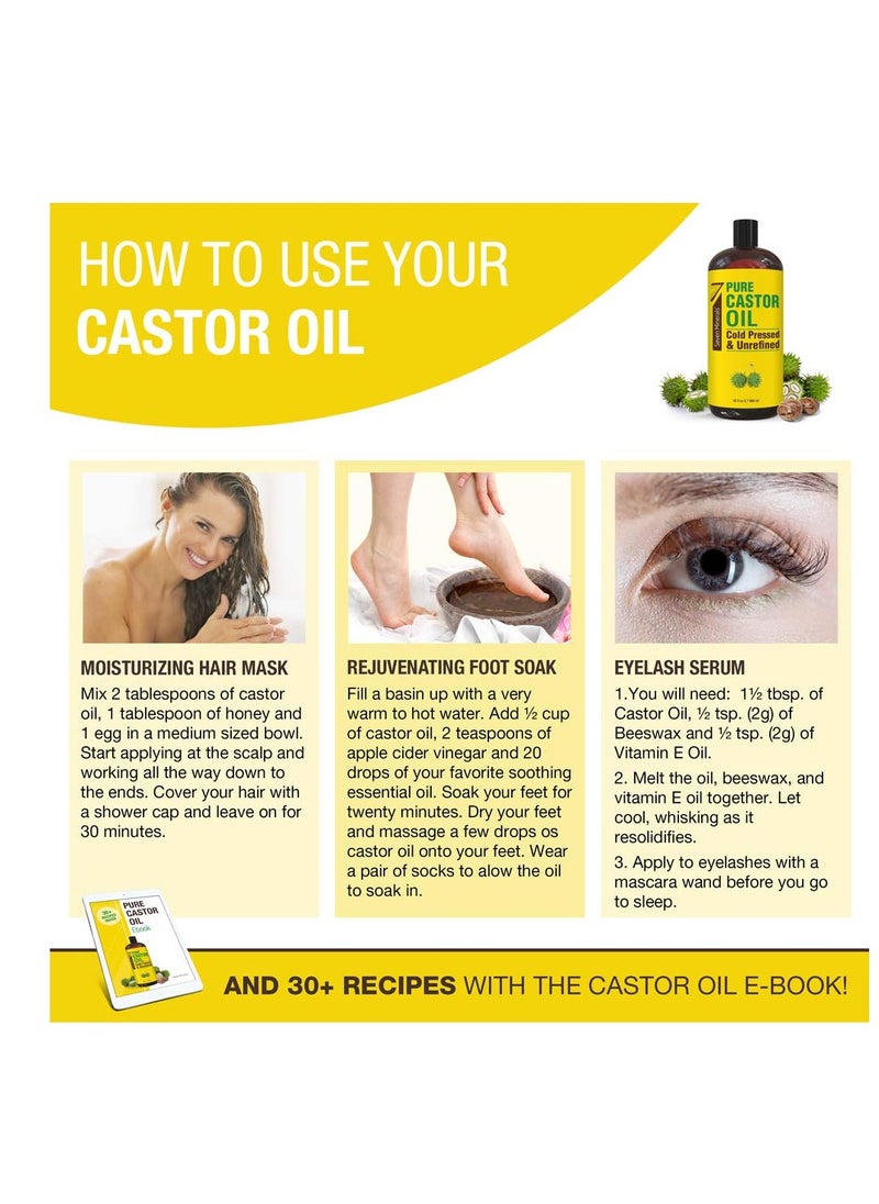Seven Minerals - Pure Cold Pressed Castor Oil - Big 32 fl oz Bottle - Unrefined & Hexane Free - 100% Pure Castor Oil for Hair Growth, Thicker Eyelashes & Eyebrows, Dry Skin, Healing, Hair Care, Joint and Muscle Pain - Image 1