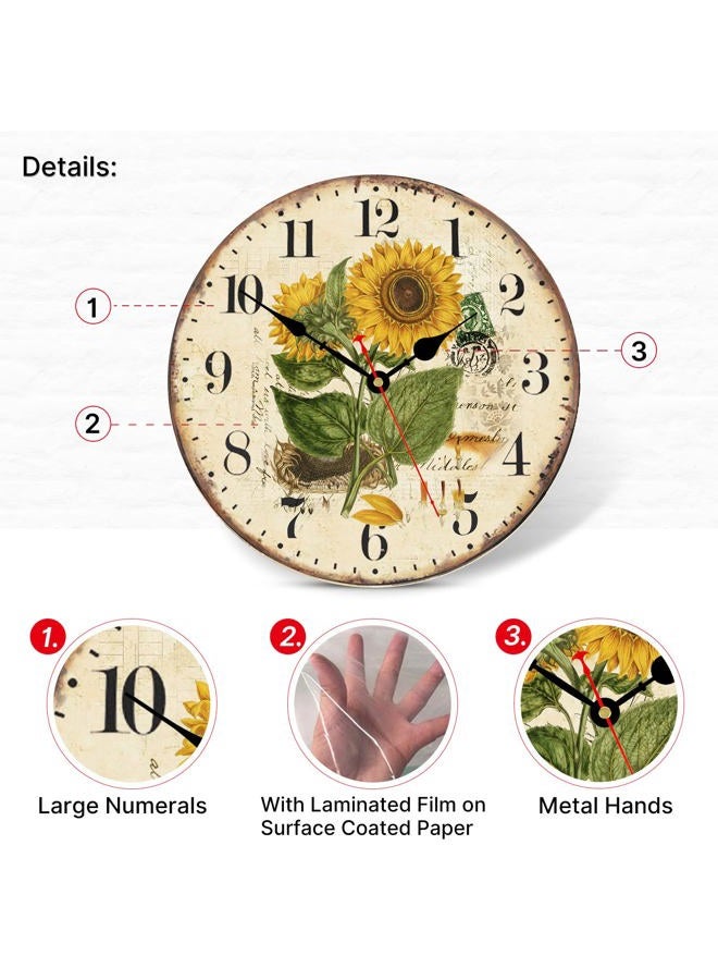 TAHEAT 30 cm Wall Clock Summer Sunflower Vintage Shabby Chic Silent Non Ticking Clocks Wooden Decorative Wall Clocks for Kitchen/Living Room/Bedroom/Office - Image 3