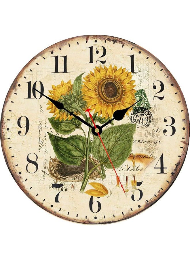 TAHEAT 30 cm Wall Clock Summer Sunflower Vintage Shabby Chic Silent Non Ticking Clocks Wooden Decorative Wall Clocks for Kitchen/Living Room/Bedroom/Office - Image 1
