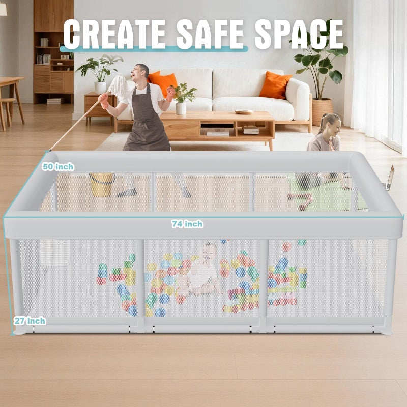 Hiaksedt Baby Playpen 74x50 Inch, Play Pens for Babies and Toddlers Baby Fence Play Yards for Indoor & Outdoor with Breathable Mesh Anti-Fall Playpen (74"x50") - Image 3