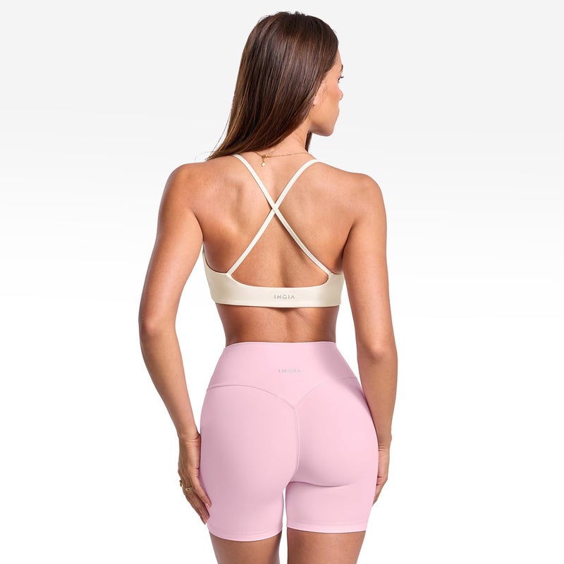 INGIA Women's Low Scoop Neck Sports Bra Spaghetti Criss Cross Strap Padded Workout Yoga Bra Crop Top White Apricot Small - Image 4