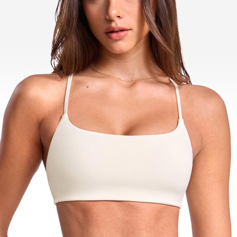 INGIA Women's Low Scoop Neck Sports Bra Spaghetti Criss Cross Strap Padded Workout Yoga Bra Crop Top White Apricot Small - Image 2