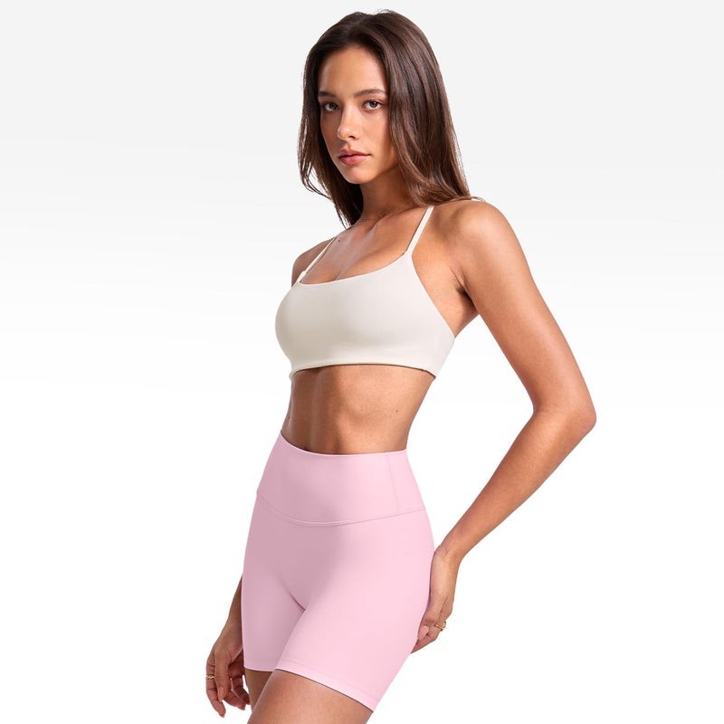 INGIA Women's Low Scoop Neck Sports Bra Spaghetti Criss Cross Strap Padded Workout Yoga Bra Crop Top White Apricot Small - Image 3