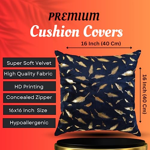 HOMECROWN 16x16 Inch Velvet Cushion Covers Set of 5 Pcs, Soft Decorative Faux Fur Throw Pillow Covers with Golden Feather Print for Sofa, Couch, Bed, Living Room - Blue-250 TC - Image 4