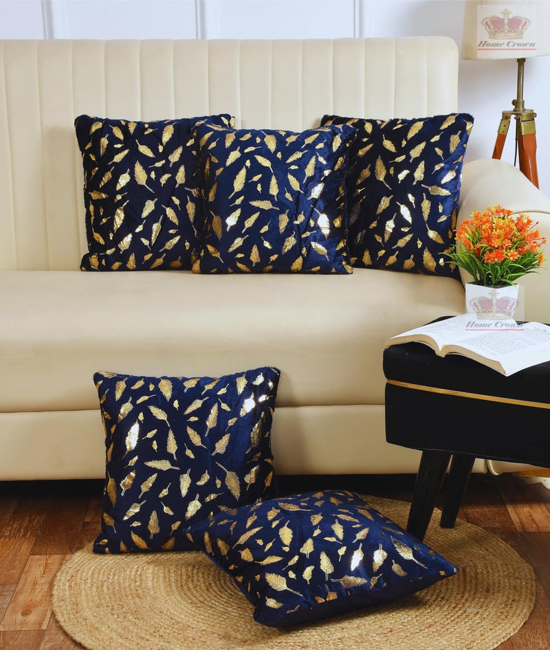 HOMECROWN 16x16 Inch Velvet Cushion Covers Set of 5 Pcs, Soft Decorative Faux Fur Throw Pillow Covers with Golden Feather Print for Sofa, Couch, Bed, Living Room - Blue-250 TC - Image 1