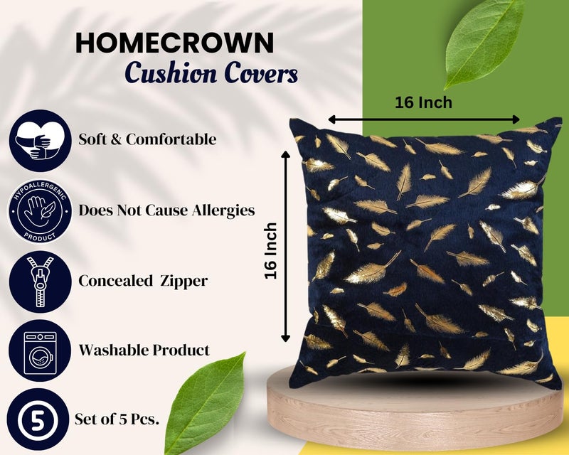 HOMECROWN 16x16 Inch Velvet Cushion Covers Set of 5 Pcs, Soft Decorative Faux Fur Throw Pillow Covers with Golden Feather Print for Sofa, Couch, Bed, Living Room - Blue-250 TC - Image 2