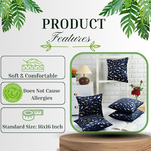 HOMECROWN 16x16 Inch Velvet Cushion Covers Set of 5 Pcs, Soft Decorative Faux Fur Throw Pillow Covers with Golden Feather Print for Sofa, Couch, Bed, Living Room - Blue-250 TC - Image 3
