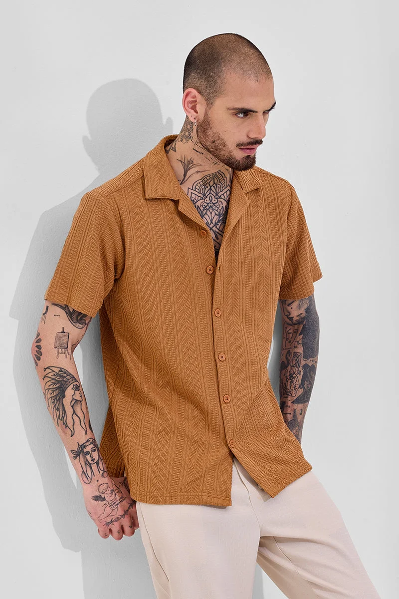 سنيتش Tan Textured Half Sleeve Boxy Casual Shirt