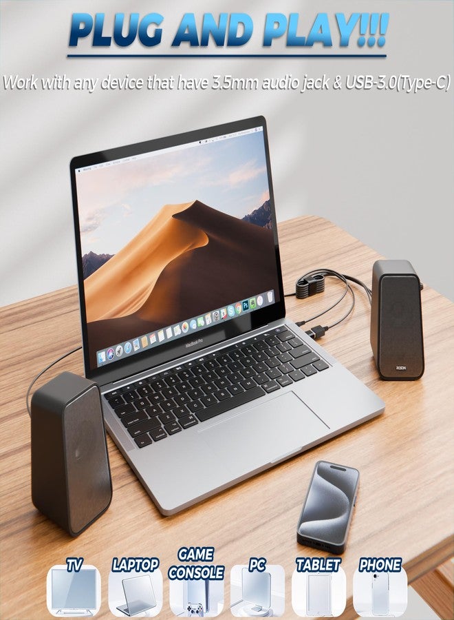 ROSON Computer Speaker, Compact Size Speaker with Headphone Jack, Enhanced Bass and Volume Control, Stereo 2.0 USB Powered 3.5mm Aux Multimedia Speakers for Laptop/Desktop/Tablets/Phone - Image 2