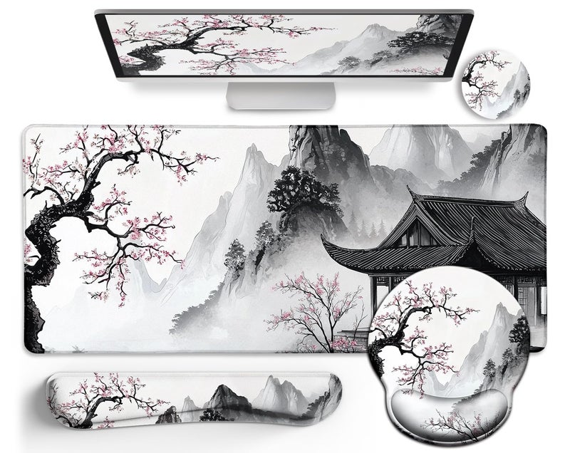 LIMKRIAN Japanese Ergonomic Mouse Pad Large Desk Mat Set XXL Anime Mousepad with Wrist Rest Wrist Support Gaming Keyboard Mat Cup Coaster Set Japanese Style Office Desk Accessories Decor - Image 2