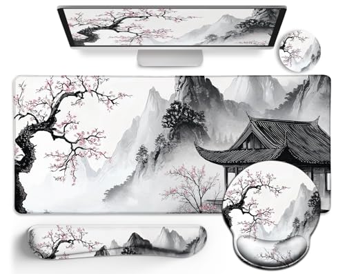 LIMKRIAN Japanese Ergonomic Mouse Pad Large Desk Mat Set XXL Anime Mousepad with Wrist Rest Wrist Support Gaming Keyboard Mat Cup Coaster Set Japanese Style Office Desk Accessories Decor - Image 1