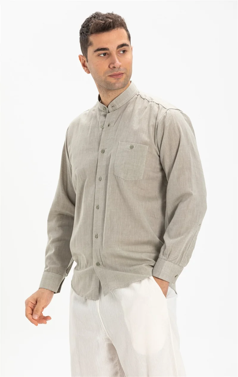 Eliş Şile Bezi Long Sleeve Şile Cloth Classic Collar Single Pocket Men's Shirt Stone 3031