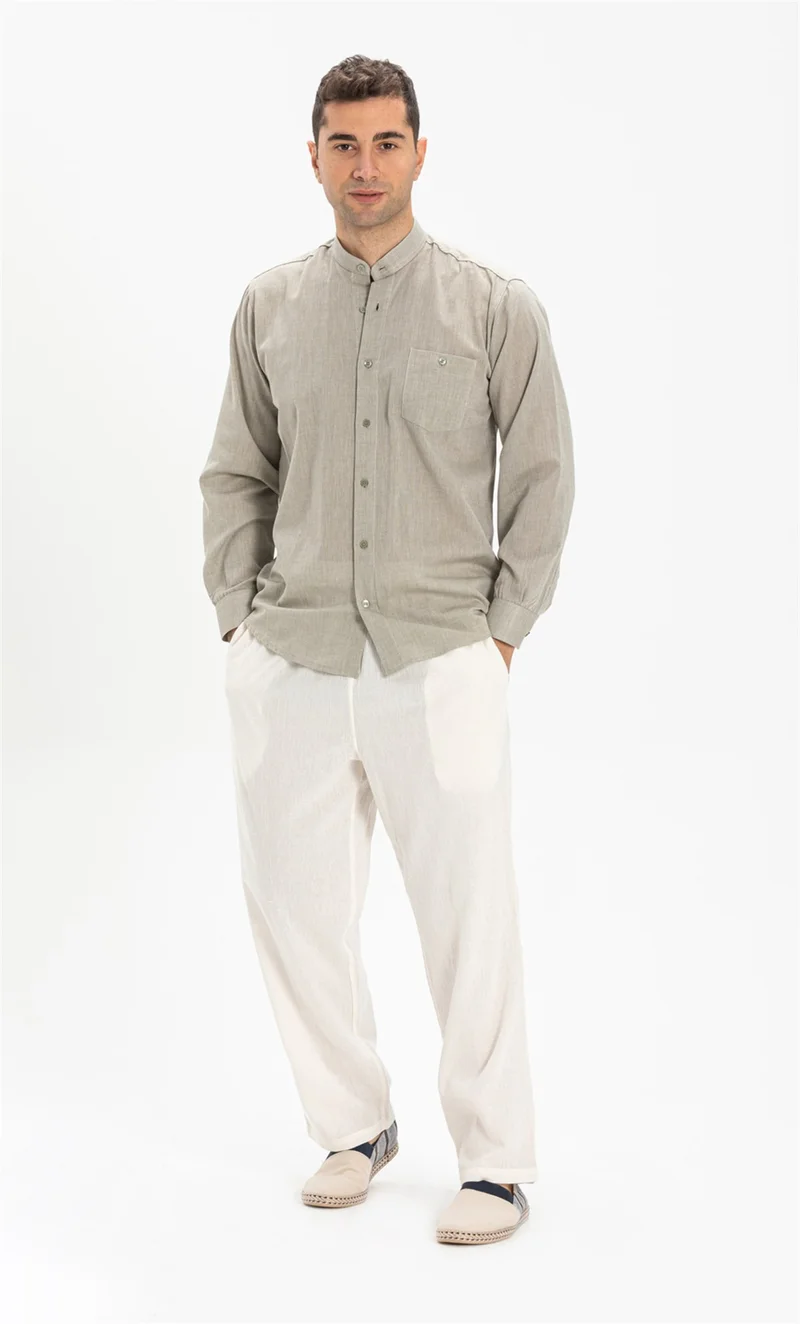 Eliş Şile Bezi Long Sleeve Şile Cloth Classic Collar Single Pocket Men's Shirt Stone 3031