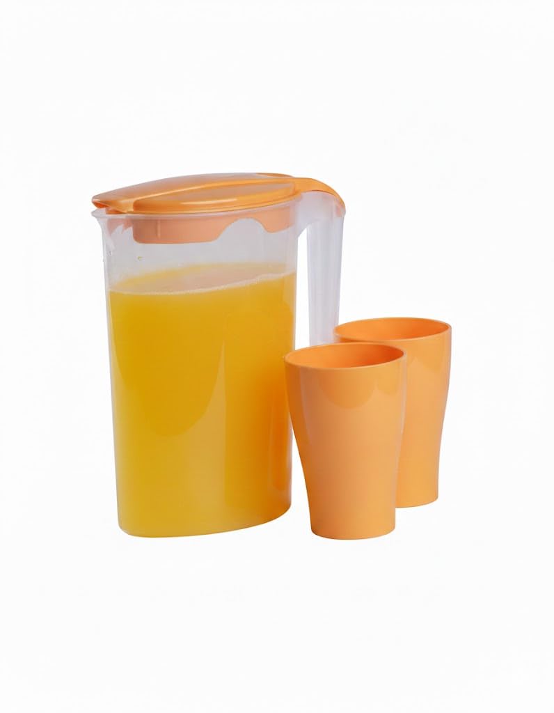 Italian Plastic Transparent Jug with 2 Glasses, 1.75 Liter, 23 x 17 x 8.5 cm (Multi Color Lid) - Image 1