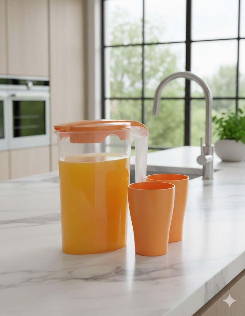 Italian Plastic Transparent Jug with 2 Glasses, 1.75 Liter, 23 x 17 x 8.5 cm (Multi Color Lid) - Image 2