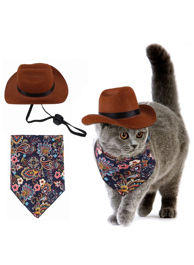 Pet Cowboy Hat and Bandana Set for Dogs and Cats - Cowboy Costume Accessories for Puppies and Kittens - Perfect for Parties, Festivals, and Everyday Wear - Image 1