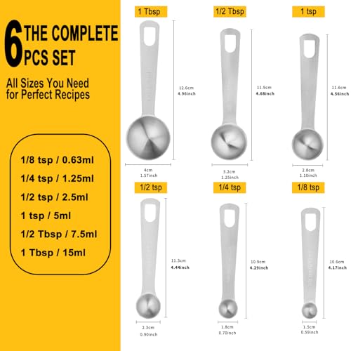 JETONN Stainless Steel Measuring Spoons Set, 6 Piece Metal Measuring Spoon Set for Dry & Liquid Ingredients, Heavy Duty 18/8 Steel with Engraved US & Metric Marks, Nesting Kitchen Spoons for Cooking Baking - Image 2