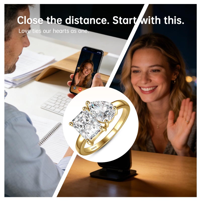 Yaresul Toi Et Moi Ring 925 Sterling Silver 14k Plated Women Engagement Ring White Gold Plated 1.5ct 6x8mm Double Stone Ring Emerald & Pear Cut Cubic Zirconia Wedding Band Width Band 2mm Size 5 - Image 4
