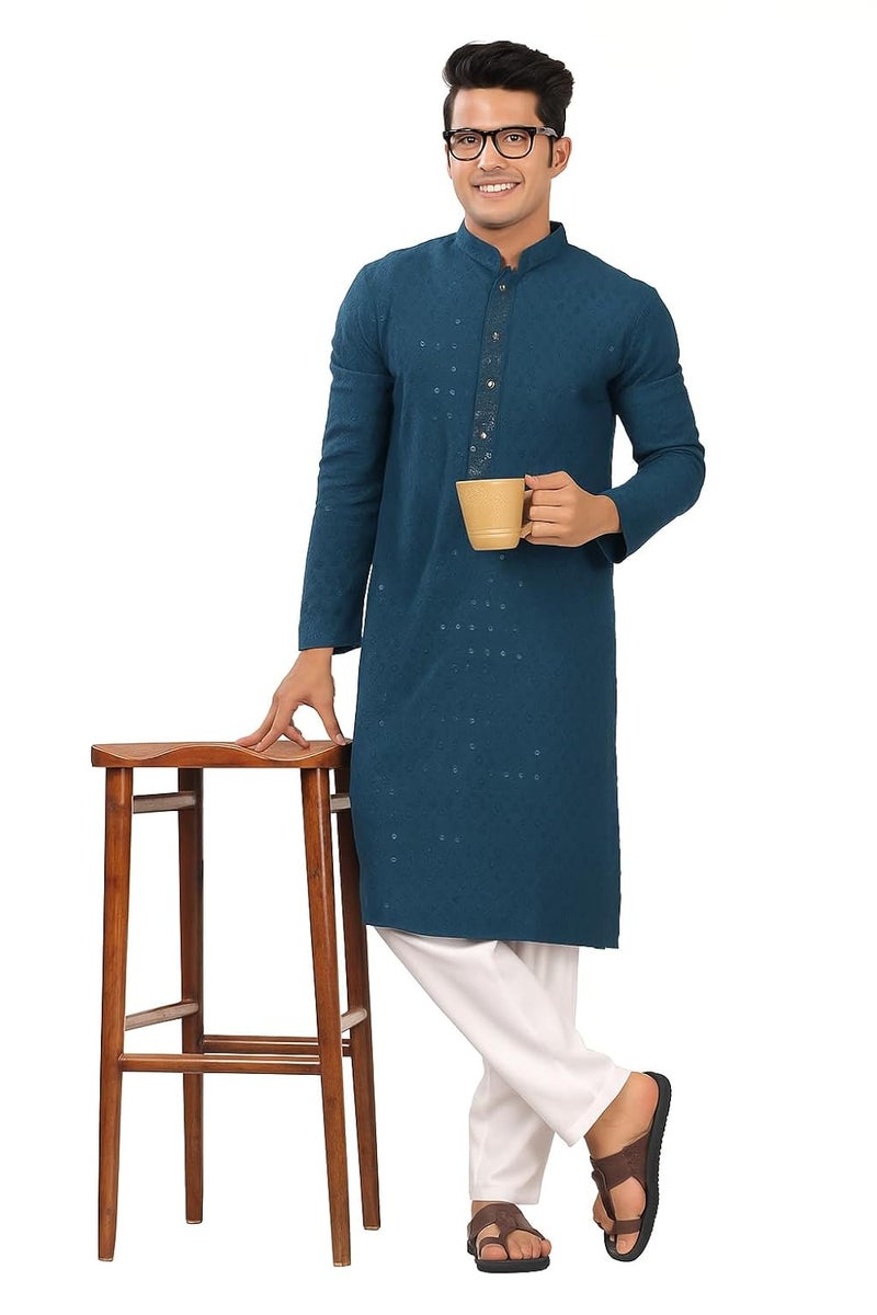 SWAGG INDIA كُرتا قطنية هندسية عادية مزخرفة للرجال - Image 1