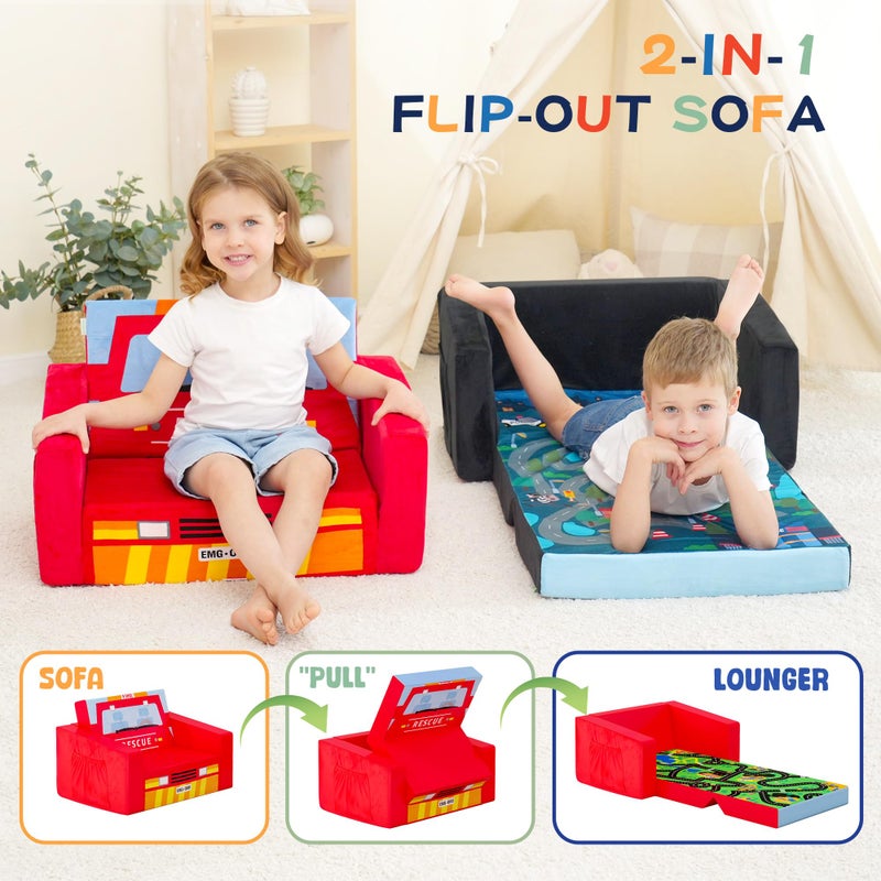 MallBest Kids Sofas Children's Sofa Bed Baby's Upholstered Couch Sleepover Chair Flipout Open Recliner(Red/Fire Truck) - Image 3