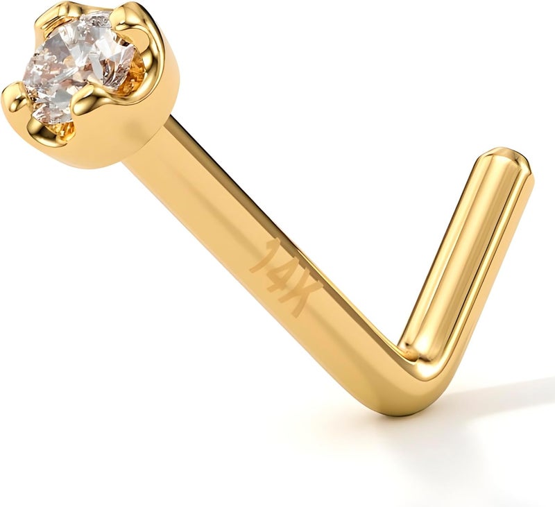 Body Candy 14K Solid Gold Nose Ring Studs - 1.5mm (0.015 cttw) Genuine Diamond L Shaped 20 Gauge 1/4" Real Gold Nose Ring Piercing Jewelry - 14 K Gold Nose Stud, Nose Piercings, Gold Nose Studs for Women, Men - Image 1